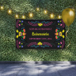 Mexican Fiesta Party Black Quinceanera Birthday Banner<br><div class="desc">Colourful Mexican Fiesta Party Banner which you can personalise for your quinceanera or other special occasion. This pretty design has has floral of Folk Art flowers in pink, purple and yellow with handwritten brushed typography. All of the wording is editable and currently reads "[name] Quinceañera [date]". Great as a welcome...</div>