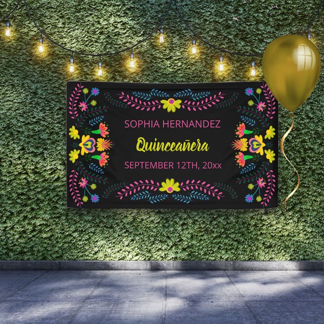 Mexican Fiesta Party Black Quinceanera Birthday Banner (Creator Uploaded)