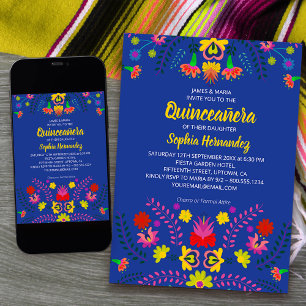 Mexican Fiesta Party Flowers Blue Quinceanera Invitation
