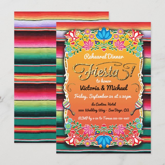 Mexican Fiesta Party Gold Glitter Rehearsal Dinner Invitation (Front/Back)