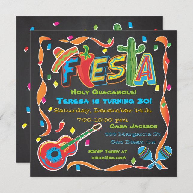Mexican Fiesta Party Invitation on blackboard (Front/Back)