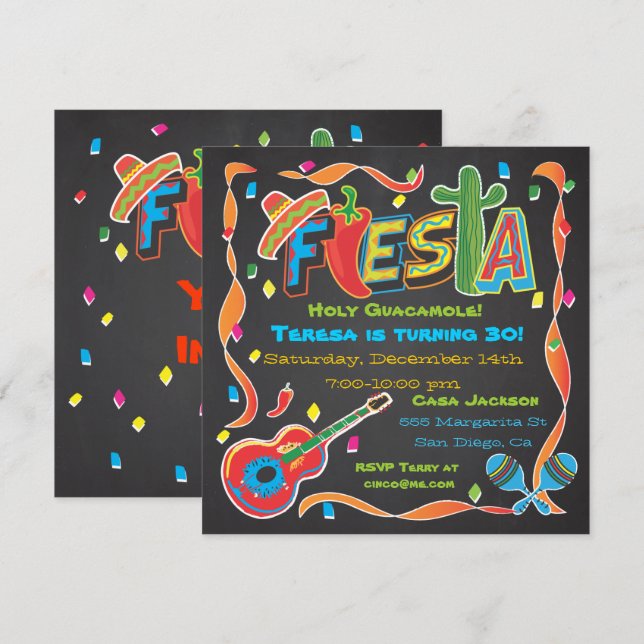 Mexican Fiesta Party Invitation on blackboard (Front/Back)