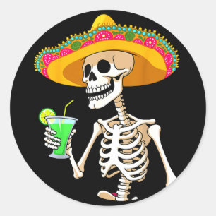 Mexican fiesta party skeleton sombrero cinco de classic round sticker