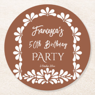 Mexican fiesta party terracotta talavera custom round paper coaster