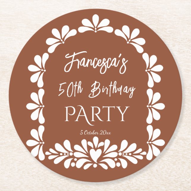 Mexican fiesta party terracotta talavera custom round paper coaster (Front)