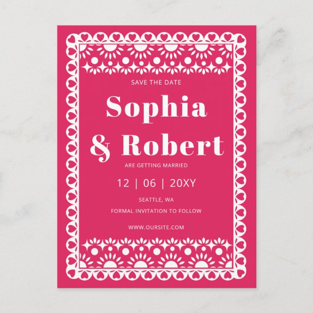 Mexican Fiesta Pink Papel Picado Save the Date Announcement Postcard (Front)