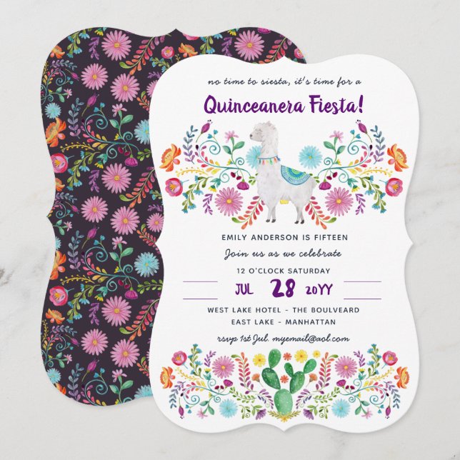 Mexican FIESTA Quinceanera Folk Flowers Llama Cute Invitation (Front/Back)