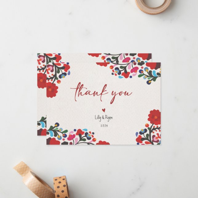 Mexican Fiesta Red Bridal Thank You Card (Front/Back In Situ)