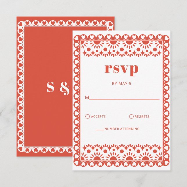 Mexican Fiesta Red Papel Picado Boho Wedding RSVP Card (Front/Back)