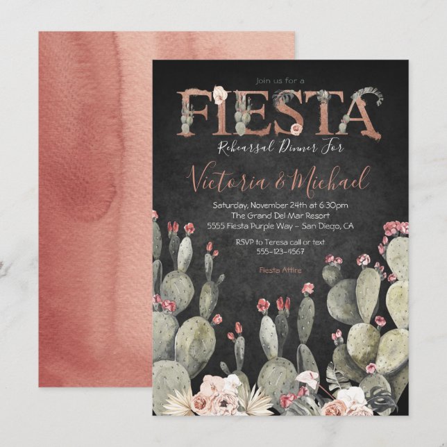 Mexican Fiesta Rehearsal Dinner Cactus Floral Invitation (Front/Back)