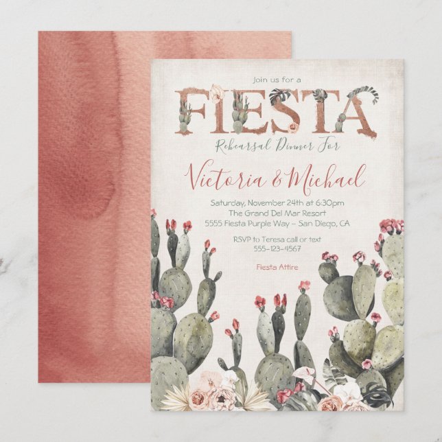 Mexican Fiesta Rehearsal Dinner Cactus Floral Invitation (Front/Back)