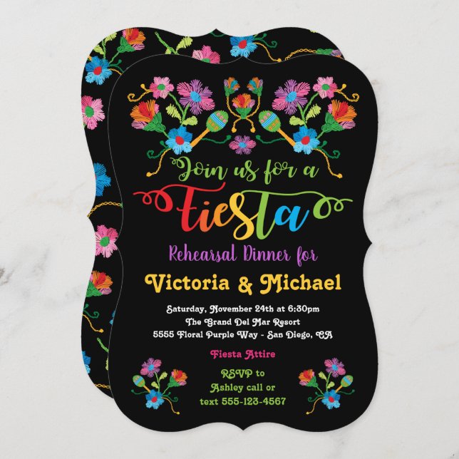 Mexican Fiesta Rehearsal Dinner with embroidery Invitation (Front/Back)