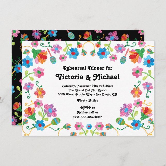 Mexican Fiesta Rehearsal Dinner with embroidery Invitation (Front/Back)