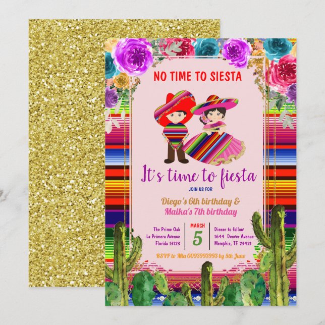 Mexican Fiesta Sibling Birthday Invitation (Front/Back)