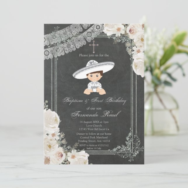 Mexican Fiesta Sylver Boy Baptism and Birthday Invitation (Standing Front)