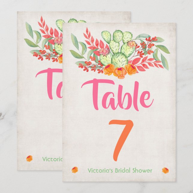 Mexican Fiesta Table number Watercolor Cactus (Front/Back)