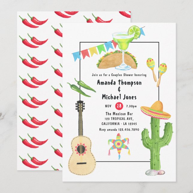 Mexican Fiesta Taco and Tequila Couples Shower Invitation (Front/Back)