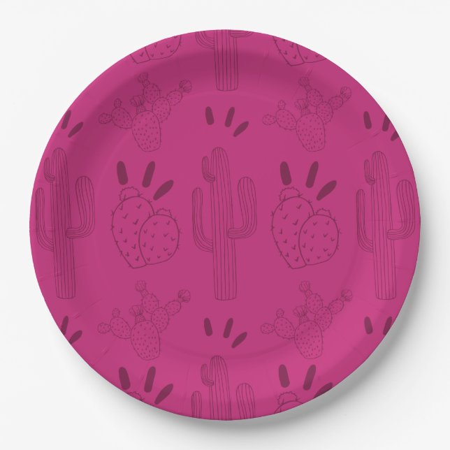 Mexican Fiesta Taco Cactus Pink Paper Plate (Front)
