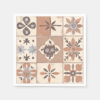 Mexican Fiesta Talavera Tile Neutral Skull Sun Napkin
