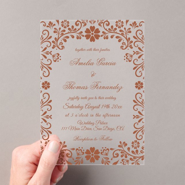 Mexican Fiesta Terracotta Floral Wedding  Acrylic Invitations (Insitu (Handheld))