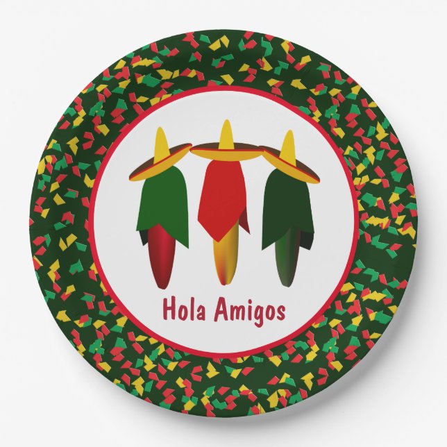 Mexican Fiesta Three Amigos Hot Peppers Paper Plat Paper Plate (Front)