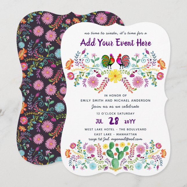 Mexican Fiesta Watercolor Folk Flower Invitations (Front/Back)