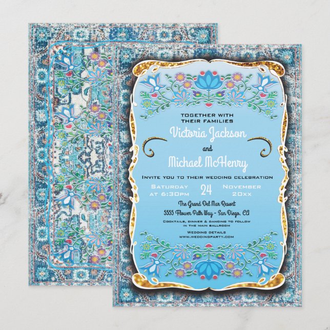 Mexican Fiesta Wedding floral gold glitter Invitation (Front/Back)