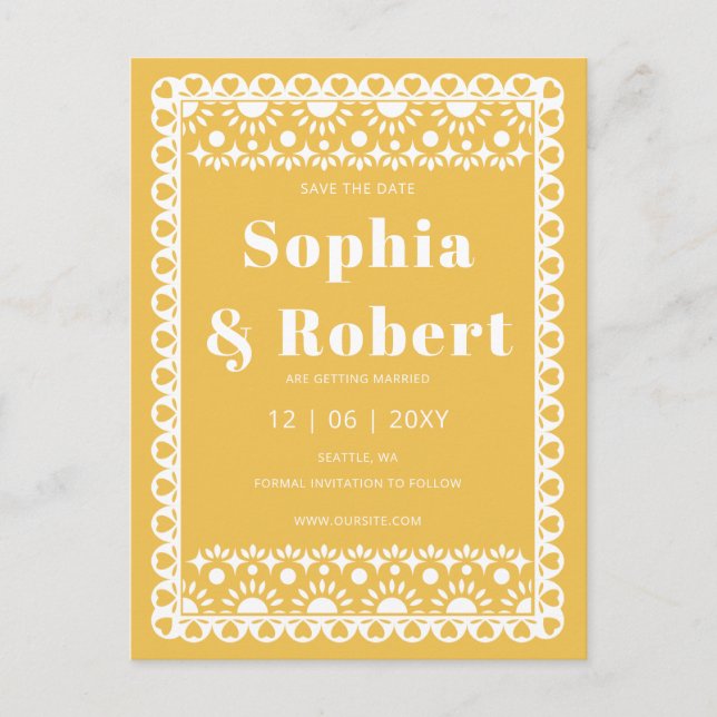 Mexican Fiesta Yellow Papel Picado Save the Date Announcement Postcard (Front)