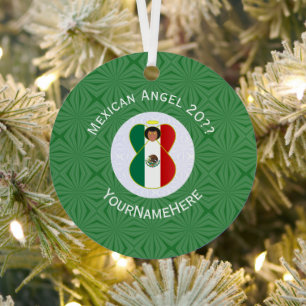 Mexican Flag Angel Green White Year Name Round Metal Tree Decoration