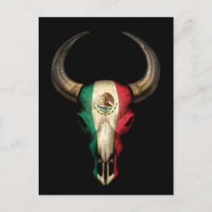 Mexican Flag Bull Skull on Black Postcard