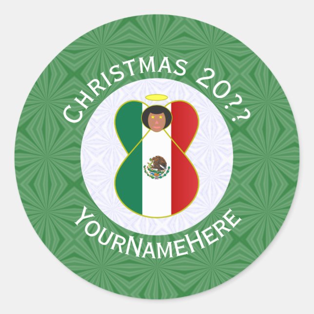Mexican Flag Christmas Angel Personalised Classic Round Sticker (Front)