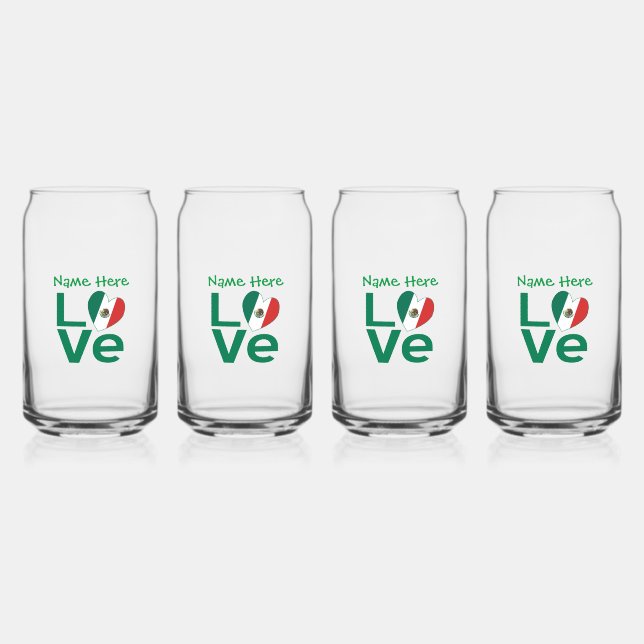 Mexican Flag Heart Green LOVE Personalised  Can Glass (Front)