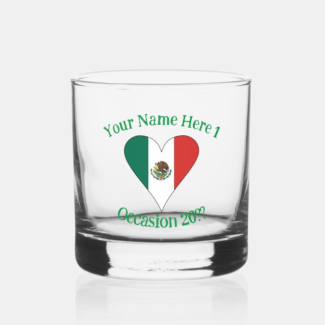Mexican Flag Heart Personalised Drinking Whiskey Glass (Front)