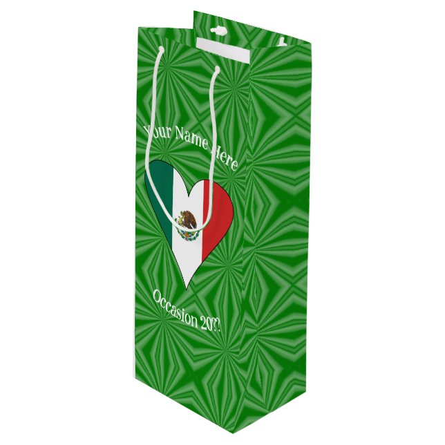 Mexican Flag Heart Personalised Wine Gift Bag (Front Angled)