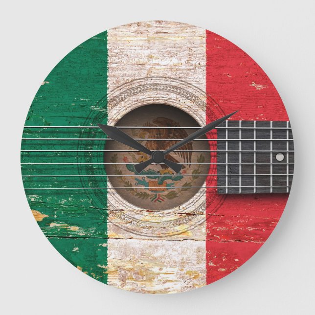 Mexican Flag on Old Acoustic Guitar Large Clock (Front)