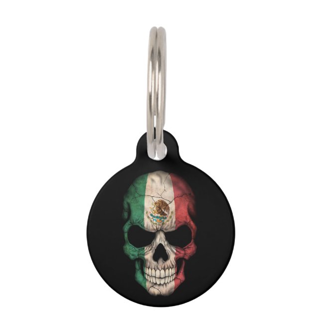Mexican Flag Skull on Black Pet Tag (Front)