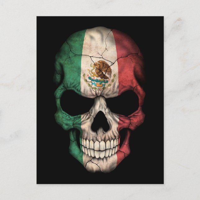 Mexican Flag Skull on Black Postcard (Front)