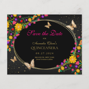Mexican Floral Black Gold Butterfly Quinceanera