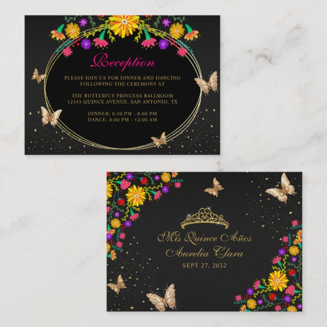 Mexican Floral Black Gold Butterfly Quinceañera Enclosure Card (Front/Back)