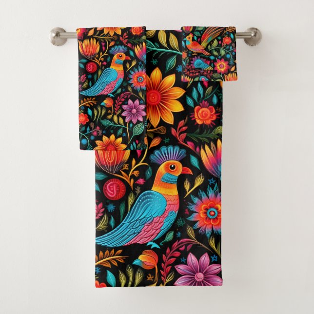 Mexican floral colourful bath towel set (Insitu)