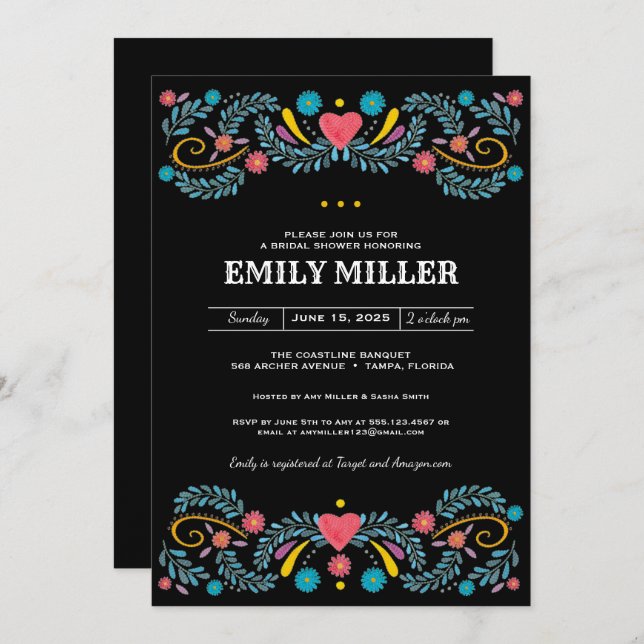 Mexican Floral Embroidery Bridal Shower Invitation (Front/Back)
