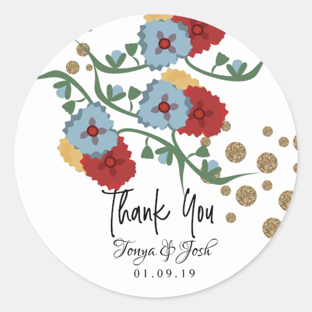 Mexican Floral Faux Glitter Festive Dots Wedding Classic Round Sticker (Front)