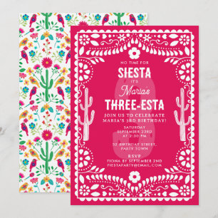 Mexican Floral Fiesta Pink Three-Esta 3rd Birthday Invitation