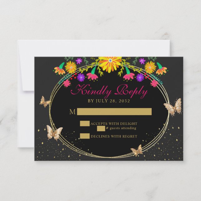 Mexican Floral Gold Tiara Butterfly Quinceañera RSVP Card (Front)