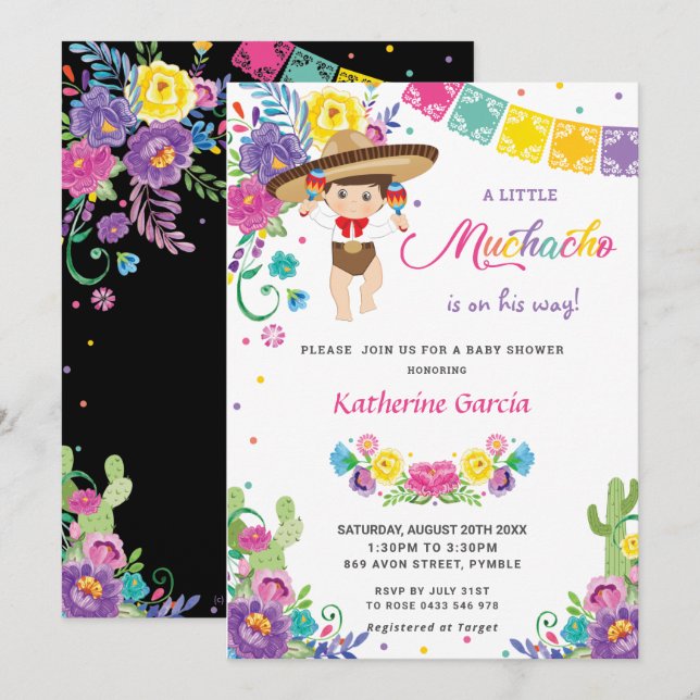 Mexican Floral Little Muchacho Boy Baby Shower  In Invitation (Front/Back)