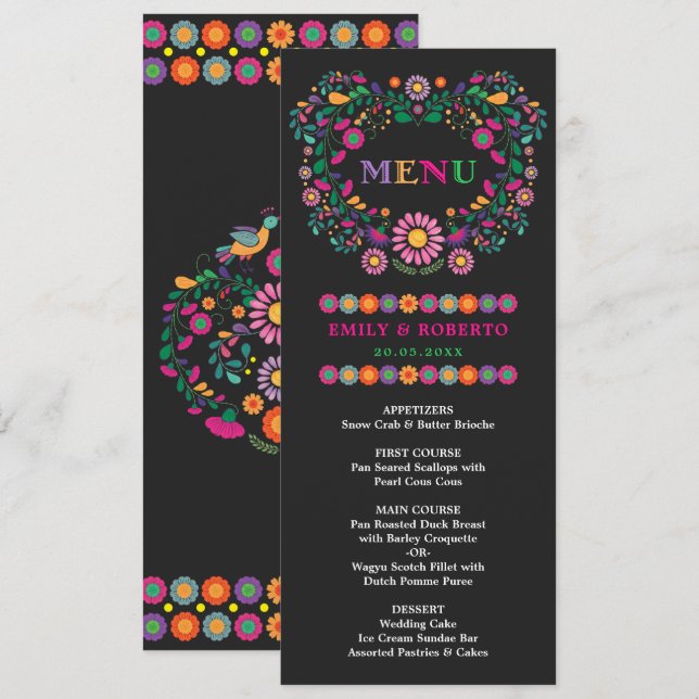 Mexican Floral Pattern Wedding Fiesta Menu Card (Front/Back)