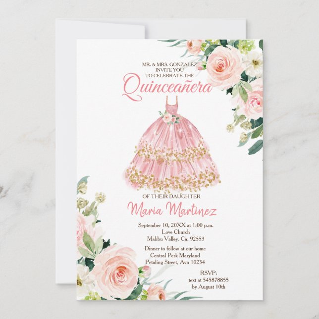 Mexican Floral Rose Gold Princess Quinceanera  Invitation (Front)