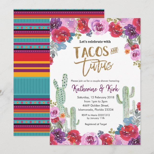 Mexican Floral Tacos and Tutus Couple Shower Invitation (Front/Back)
