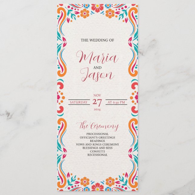 Mexican Floral Traditional Folk Art Fiesta Wedding Programme (Front)
