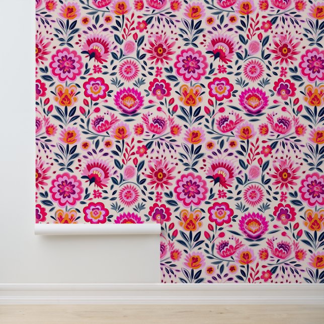 Mexican Flowers Fuchsia Pink Elegant Floral  Wallpaper (Application)